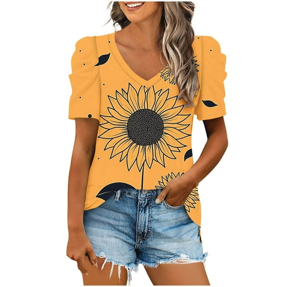 Olyvenn Womens Short Sleeve Shirts for Summer Puff Sleeve Casual V-Neck Blouse Shirts 2025 Dressy Tops with Pleats Yellow S