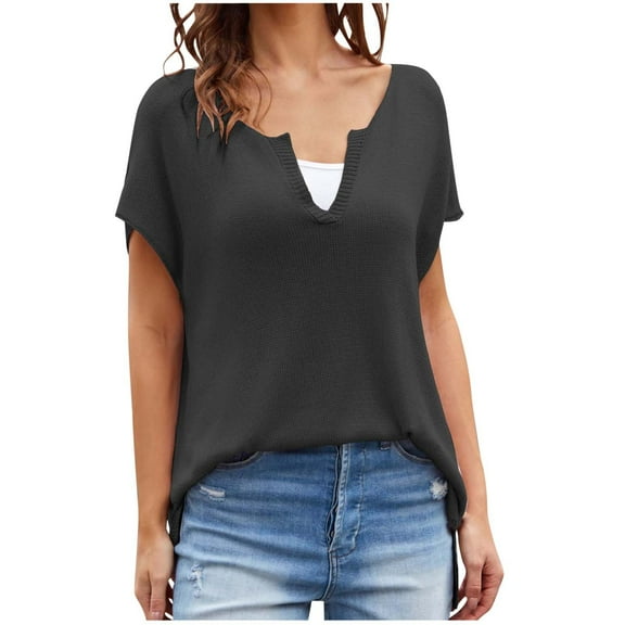 Olyvenn Womens Short Sleeve Sweater Tops Casual V Neck Knit Top Oversized Casual Pullover Blouse Summer Cute Tops Black M