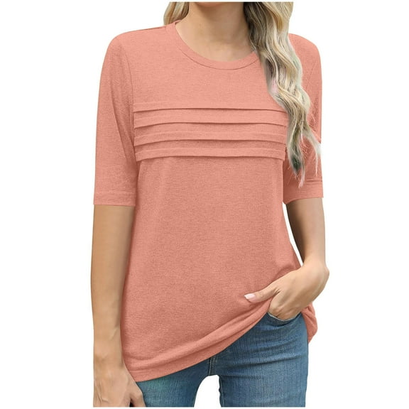 Olyvenn Womens Short Sleeve T Shirt Crewneck Pleated Shirts Dressy Casual Loose Fit Tee Trendy Spring Summer Tops 2025 Orange XXL