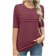 thumbnail image 1 of Olyvenn Womens Short Sleeve T Shirt Crewneck Pleated Shirts Dressy Casual Loose Fit Tee Trendy Spring Summer Tops 2025 Wine L, 1 of 5