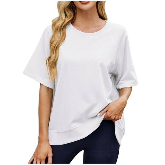 Olyvenn Womens Short Sleeve Tops Summer T Shirts Round Neck Causal Fashion Basic Tee for Womens Tops 2025 Raglan Sleeve Ribbed Blouse White 20-22