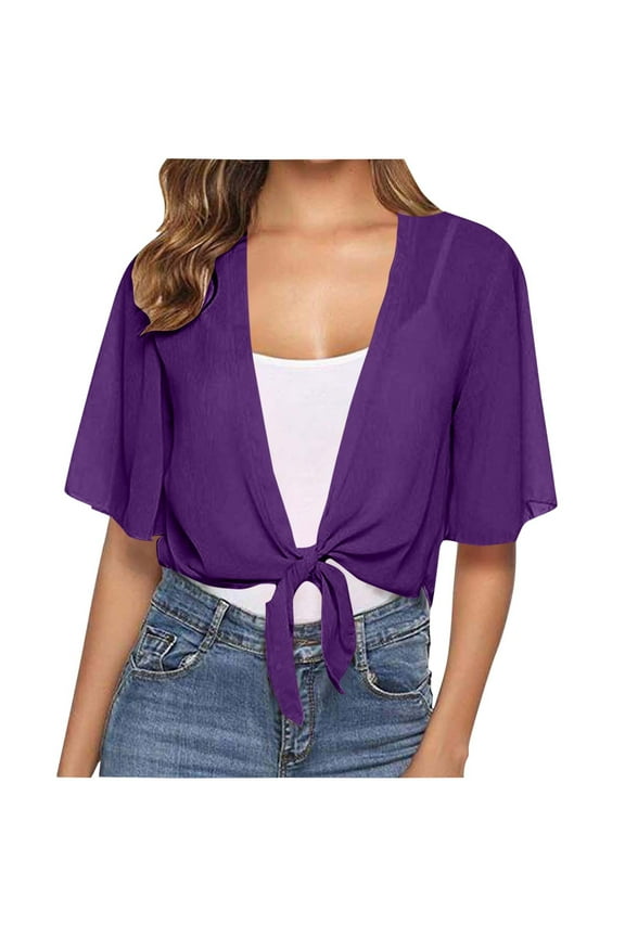 Womens Shrugs for Summer Cropped Cardigan Short Sleeve Open Front Sheer Shawl Cardigans Lightweight Chiffon Bolero Purple S