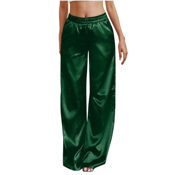 Olyvenn Womens Silk Satin Pajama Pants Casual Loose Smooth Palazzo Lounge Pants Wide Leg Casual Elastic Waist Wide Leg Pj Bottoms with Pockets Army Green 20-22