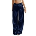 thumbnail image 1 of Olyvenn Womens Silk Satin Pajama Pants Casual Loose Smooth Palazzo Lounge Pants Wide Leg Casual Elastic Waist Wide Leg Pj Bottoms with Pockets Dark Blue 4-6, 1 of 9