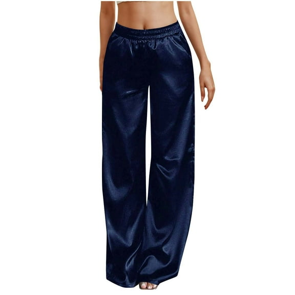 Olyvenn Womens Silk Satin Pajama Pants Casual Loose Smooth Palazzo Lounge Pants Wide Leg Casual Elastic Waist Wide Leg Pj Bottoms with Pockets Dark Blue 4-6