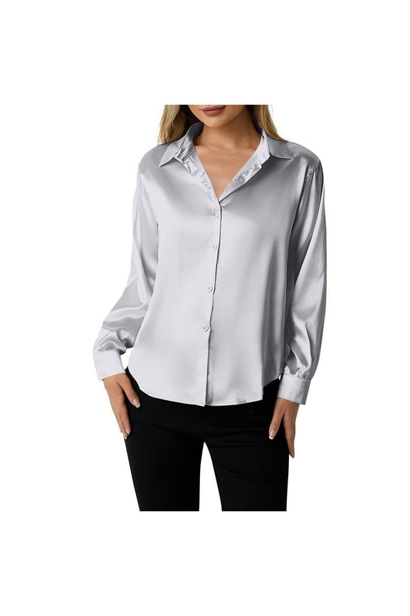 Womens Soft Satin Silk Leopard Button Down Shirts for Women Silky Long Sleeve Work Shirt Dress Blouses Tops Gray L