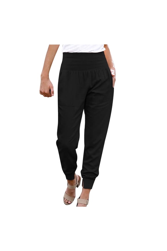 Womens Solid Color Length Pants Winter Tops Casual Plus Size Loose Women Fashion High Waist Trousers Slit Pocket For Women 2022 Black M