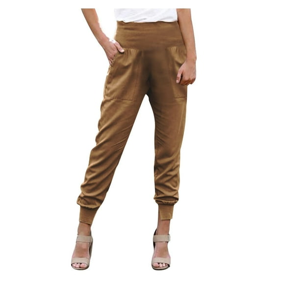 Olyvenn Womens Solid Color Length Pants Winter Tops Casual Plus Size Loose Women Fashion High Waist Trousers Slit Pocket For Women 2022 Khaki XL