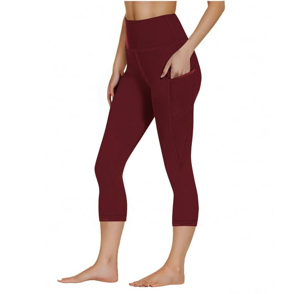 Olyvenn Womens Solid Color Yoga Capri Leggings Plus Size High Waisted Hip Lifting Tight Elastic Fitness Capris with Pockets Wine S