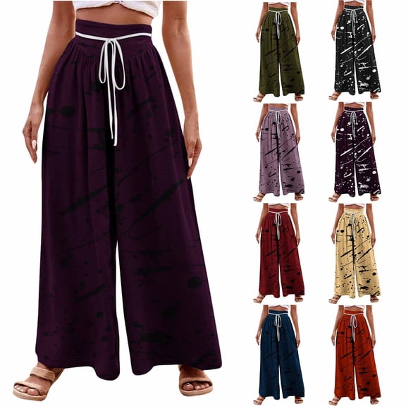 Olyvenn Womens Spring Summer Pleated High Cut Striped Flare Wide Leg Long Boot Cut Leg Pants Women 2025 Trendy Drawstring High Waist Lounge Pant Army Green 6