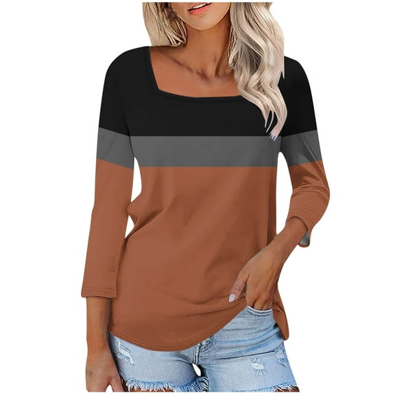 Olyvenn Womens Square Neck 3/4 Sleeve T Shirts 2025 Casual Print Basic Colorblock Tunic Tops Loose Tees Vacation Clothes 2025 Brown XXXXL