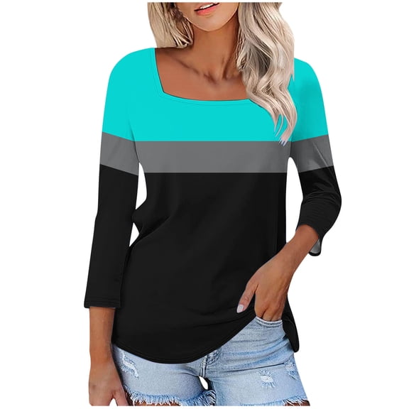 Olyvenn Womens Square Neck 3/4 Sleeve T Shirts 2025 Casual Print Basic Colorblock Tunic Tops Loose Tees Vacation Clothes 2025 Sky Blue XXXXL