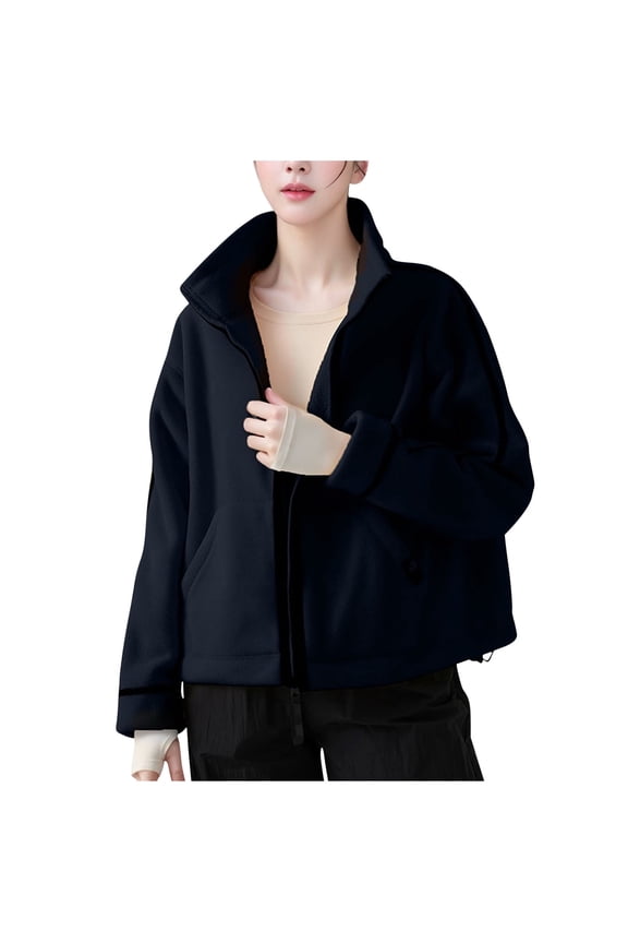 Womens Stand Collar Contrast Side Zip Fleece Jacket, Short Length Raglan Sleeve Dual Hand Pockets Slim Silhouette for Morning Hikes Neighborhood Walks Black M