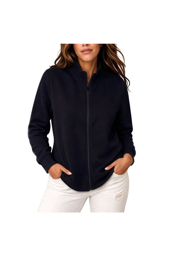 Womens Stand Collar Fleece Zip Jacket Ribbed Cuff & Hem Side Hand Pockets Minimalist Straight Cut for School Run Neighborhood Visit Black M