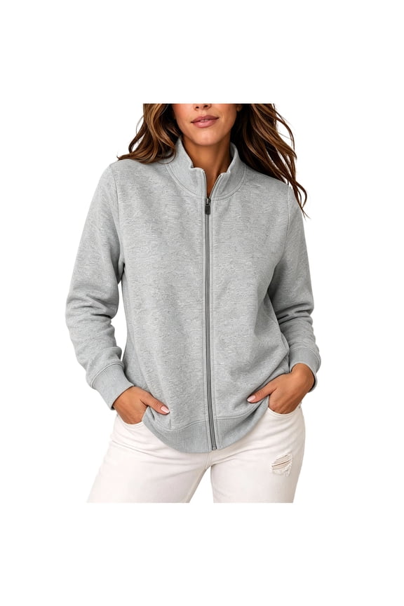 Womens Stand Collar Fleece Zip Jacket Ribbed Cuff & Hem Side Hand Pockets Minimalist Straight Cut for School Run Neighborhood Visit Gray XXL