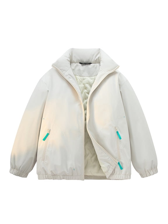 Womens Stand Collar Zip Side Pocket Short Basic Quilted Outer Jacket, Elastic Cuff Raglan Long Sleeve Straight Fit for Mountain Treks Weekend Errands Beige S