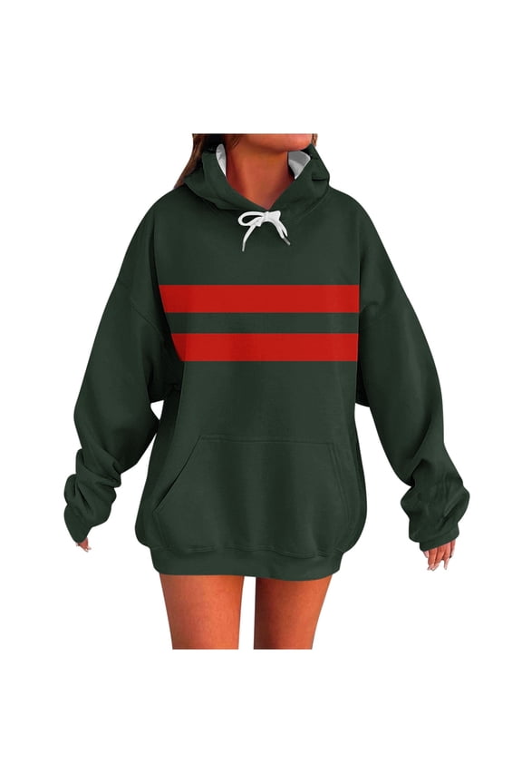 Womens Striped Hoodies Casual Color Block Long Sleeve Hooded Sweatshirts Fall Fashion Pullover Tops with Pockets Army Green S
