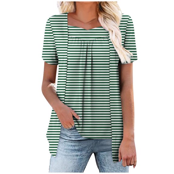 Olyvenn Womens Striped Tops Summer Hide Belly Tunics Short Sleeve Casual Pleated Crew Neck Shirts Flowy Blouses for Leggings Green S