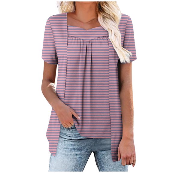 Olyvenn Womens Striped Tops Summer Hide Belly Tunics Short Sleeve Casual Pleated Crew Neck Shirts Flowy Blouses for Leggings Pink XL