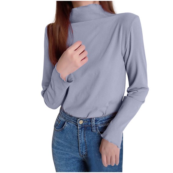 Olyvenn Womens Striped Turtleneck Shirt Long Sleeve Striped Shirts Ribbed Knit Slim Fit Top Fitted Basic Tees Blue Free Size