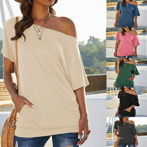 Olyvenn Womens Stylish Off The Shoulder Tops Summer Short Batwing Sleeve Loose T-Shirts Solid Color Casual Tunic Shirts Black 4