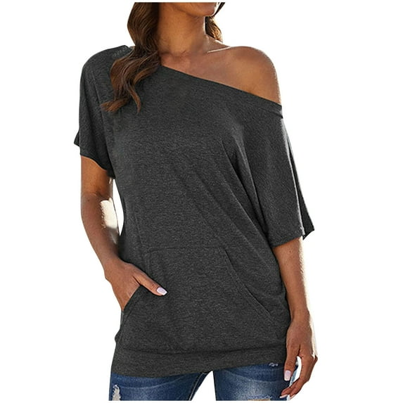 Olyvenn Womens Stylish Off The Shoulder Tops Summer Short Batwing Sleeve Loose T-Shirts Solid Color Casual Tunic Shirts Dark Gray 12