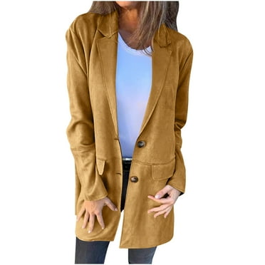 Olyvenn Womens Suede Blazer Button up Business Long Jackets Notched Lapel Faux Leather Trench Overcoats Pea Coats Winter Suit Outwear Brown L