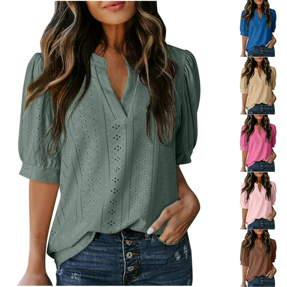 Olyvenn Womens Summer Business Casual Blouses Eyelet V Neck Puff Short Sleeve Shirts Hollow Out Cute Lace Tops Blue L