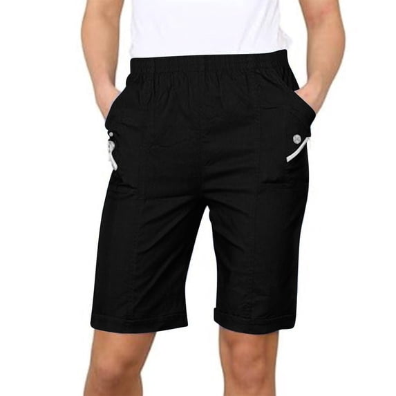 Olyvenn Womens Summer Casual Shorts with Side Pockets Knee Length Straight Leg Elastic Waisted Short Slacks 2025 Hiking Shorts Black L