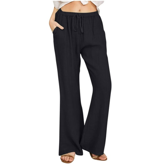 Olyvenn Womens Summer Fashion Linen Cotton Pants Solid Casual High Waist Loose Fit Drawstring Trousers with Pockets Black M