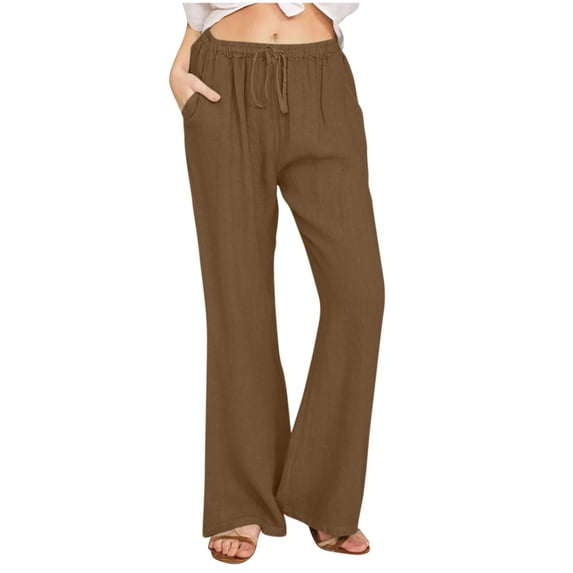 Olyvenn Womens Summer Fashion Linen Cotton Pants Solid Casual High Waist Loose Fit Drawstring Trousers with Pockets Coffee S