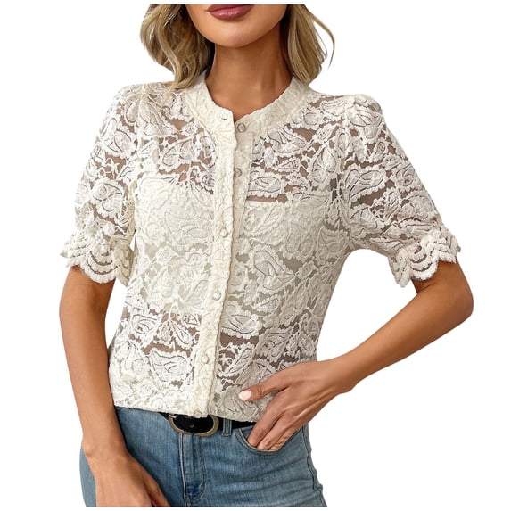 Olyvenn Womens Summer Lace Tops Short Puff Sleeve Casual Dressy Blouses Eyelet Crew Neck Button Down Shirts Beige XL