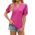 thumbnail image 1 of Olyvenn Womens Summer Notch V Neck Short Puff Sleeve T-Shirt Eyelet Loose Pleated Tunic Solid Color Casual Tops Hot Pink 12, 1 of 4