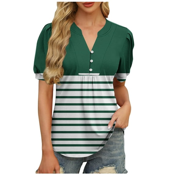 Olyvenn Womens Summer Puff Short Sleeve Tops Color Block Dressy Casual V-Neck T-Shirts Cute Striped Blouse for Work Green XL
