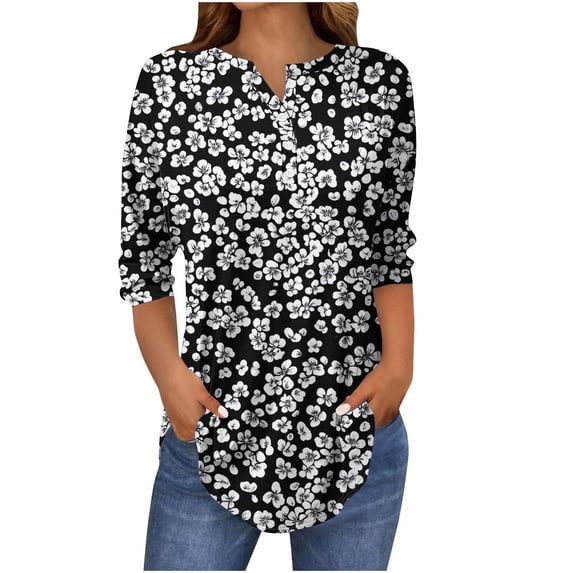 Olyvenn Womens Summer Puff Sleeve Tops Dressy Casual V-Neck T-Shirts Cute Blouse for Work 3/4 Sleeved Button Round Neck Fashion Tops Multicolor L