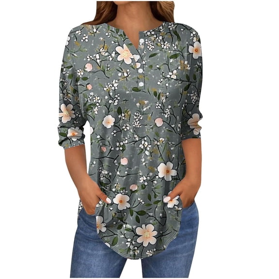 Olyvenn Womens Summer Puff Sleeve Tops Dressy Casual V-Neck T-Shirts Cute Blouse for Work 3/4 Sleeved Button Round Neck Fashion Tops Multicolor XXL