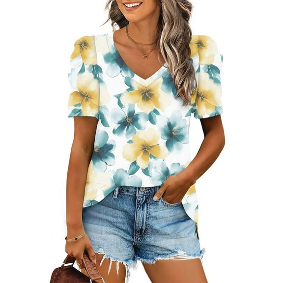 Olyvenn Womens Summer Shirt V Neck Short Sleeve Casual Tshirts Floral Print Puff Sleeve Tunic Tops for Women Green L