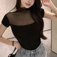 thumbnail image 1 of Olyvenn Womens Summer Short Sleeve Tops Sheer Mesh Square Neck Ribbed Slim Fitted Shirts Casual Tee Tshirt Black S, 1 of 7