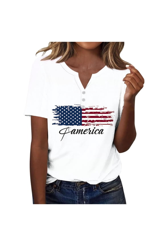 Womens Summer Short Sleeve Tops V Neck Button Print Tunic Blouse Loose Fit Casual Vintage Basic Outdoor Ladies Shirts White M