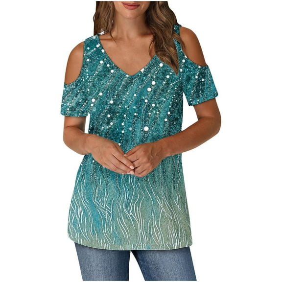 Olyvenn Womens Summer T Shirts Casual Ladies V Neck Tops Short Sleeve Cold Shoulder Loose Fit Blouse 2025 Trendy Clothing Blue S