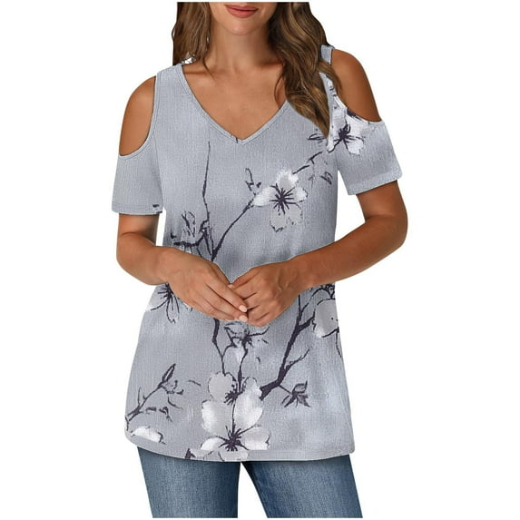 Olyvenn Womens Summer T Shirts Casual Ladies V Neck Tops Short Sleeve Cold Shoulder Loose Fit Blouse 2025 Trendy Clothing Gray XXL