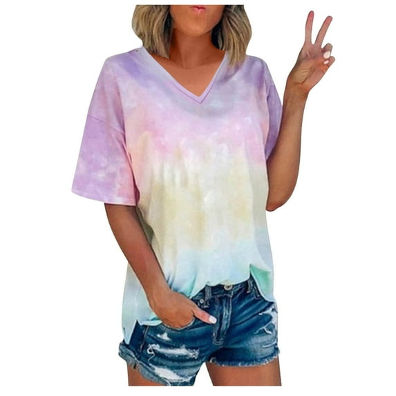 Olyvenn Womens Summer Tie Dye Shirts Plus Size Short Sleeve Shirts V Neck Tops Fashion Gradient Tee Shirt Club Party Blouse Clothes Gray XXXL