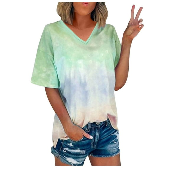 Olyvenn Womens Summer Tie Dye Shirts Plus Size Short Sleeve Shirts V Neck Tops Fashion Gradient Tee Shirt Club Party Blouse Clothes Green XXXXL