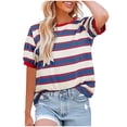 thumbnail image 1 of Olyvenn Womens Summer Tops 2025 Striped Color Block Short Sleeve T-Shirts Crewneck Casual Loose Basic Tee Blouses Blue XL, 1 of 8
