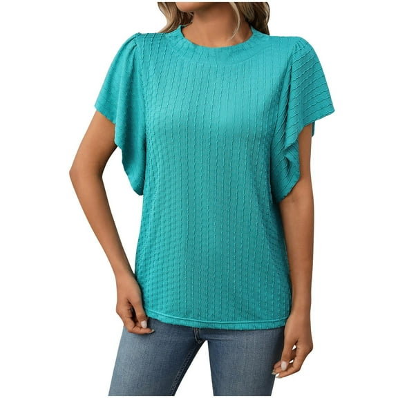 Olyvenn Womens Summer Tops Crochet Cap Short Sleeve Shirts Casual Loose Texture Crew Neck Knit Tshirts Blouse Green S