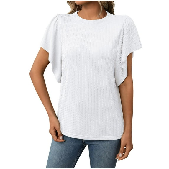 Olyvenn Womens Summer Tops Crochet Cap Short Sleeve Shirts Casual Loose Texture Crew Neck Knit Tshirts Blouse White S