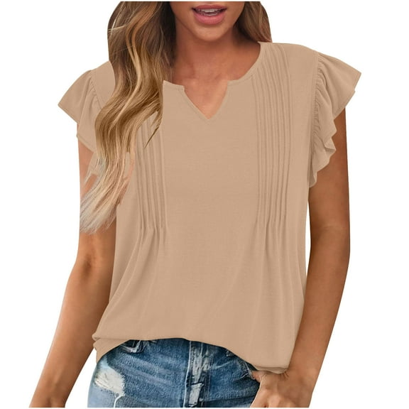 Olyvenn Womens Summer Tops Dressy Casual Cap Sleeve T Shirts for Women V Neck Ruched Tops Basic Tank Fashion Trendy 2025 Khaki XL