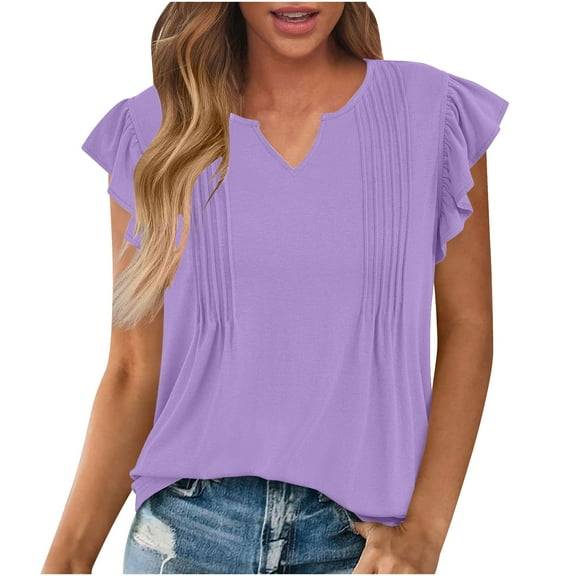 Olyvenn Womens Summer Tops Dressy Casual Cap Sleeve T Shirts for Women V Neck Ruched Tops Basic Tank Fashion Trendy 2025 Purple S