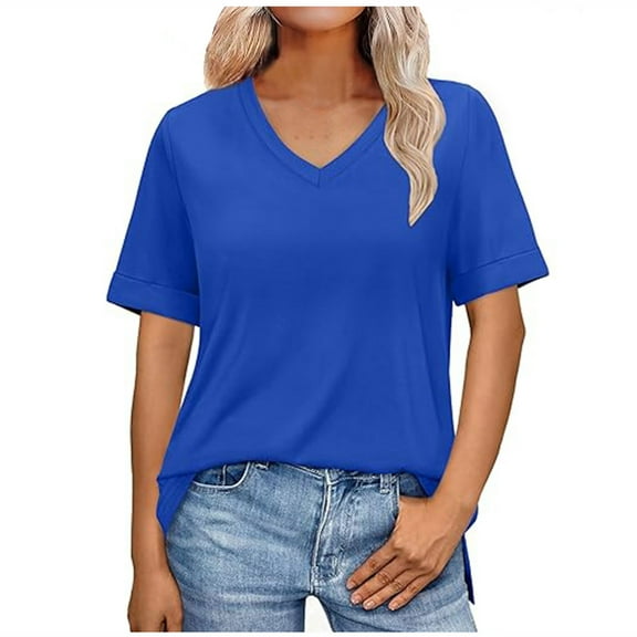 Olyvenn Womens Summer Tops Short Sleeve Shirts Trendy V Neck T Shirts for Women Casual Tops Loose Tees Tops 2025 Trending Now Blue L