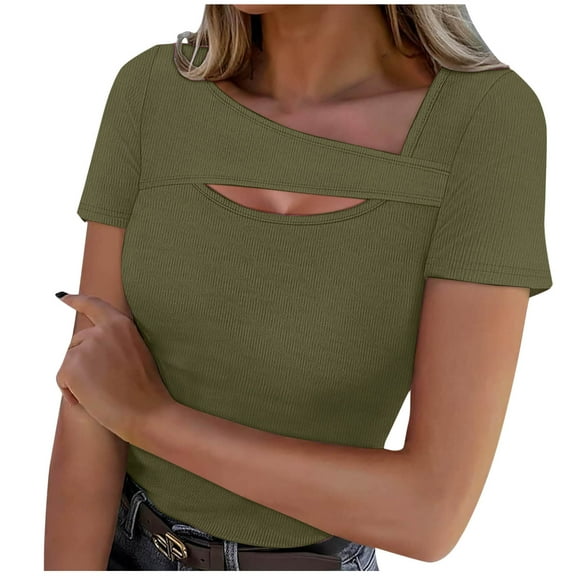 Olyvenn Womens Summer Tops Short Sleeve Shirts for Women Sexy Tops Y2K Shirts One Piece Cutout Tops Cute Trendy Tees Tops Army Green S